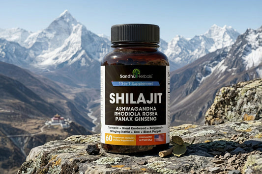 Close-up of shilajit supplement bottle with herbs in mountain background, highlighting natural energy, endurance, and adaptogenic support