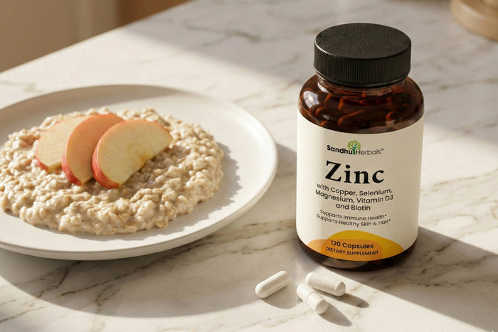 Zinc capsules supplement placed near oats and fresh apple slices representing daily nutrition and immune wellness.