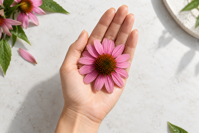 Hand holding a pink echinacea flower, highlighting the natural botanical source of echinacea for daily herbal wellness and supplements.