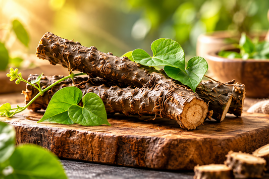 Fresh papaya leaf and Giloy stems arranged on a wooden board, highlighting traditional herbal ingredients studied for healthy platelet function and wellness.