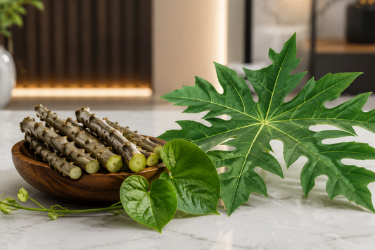 Papaya leaves and giloy stems displayed together highlighting natural wellness benefits and traditional herbal health support