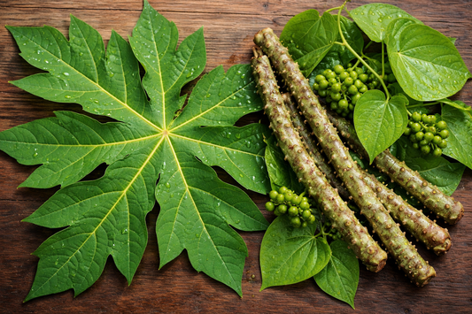Papaya leaf and giloy stems with fresh green leaves displayed on wooden background, representing natural herbal wellness allies