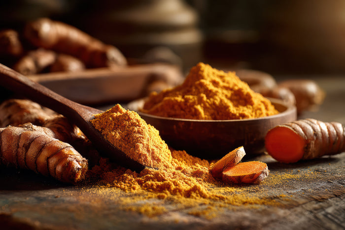 Turmeric powder in wooden bowl with spoon and raw roots, representing natural spice known for curcumin benefits and holistic health support.