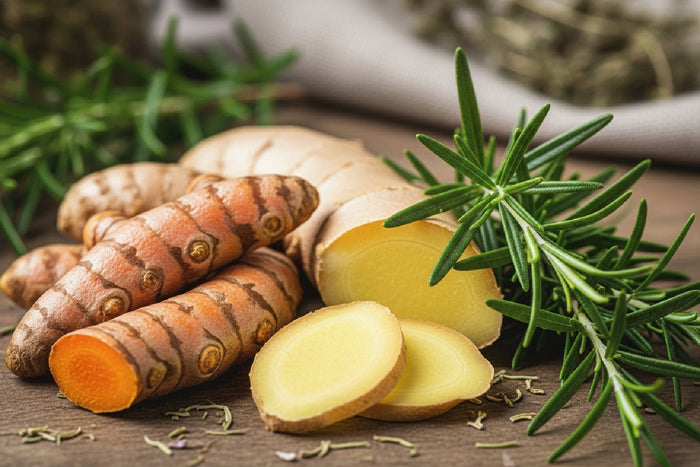 Fresh ginger and turmeric roots with rosemary herbs to support digestion and boost natural energy.