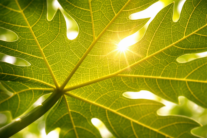 Sunlight shining through a papaya leaf, highlighting the natural botanical essence of papaya leaf in everyday wellness support