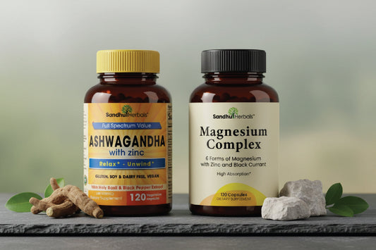 Sandhu Herbals Ashwagandha with Zinc and Magnesium Complex supplements displayed on a natural stone surface promoting relaxation, calm energy, and daily vitality.