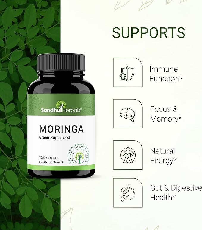 "Sandhu Herbals Moringa Capsules: 100% Pure Antioxidant Superfood for Immune, Gut, Skin Health & Energy"