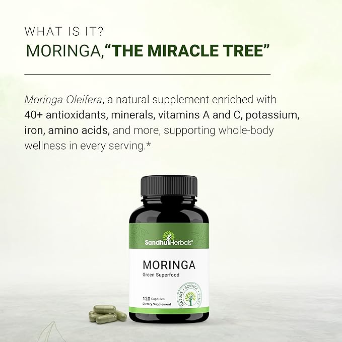 "Sandhu Herbals Moringa Capsules: 100% Pure Antioxidant Superfood for Immune, Gut, Skin Health & Energy"