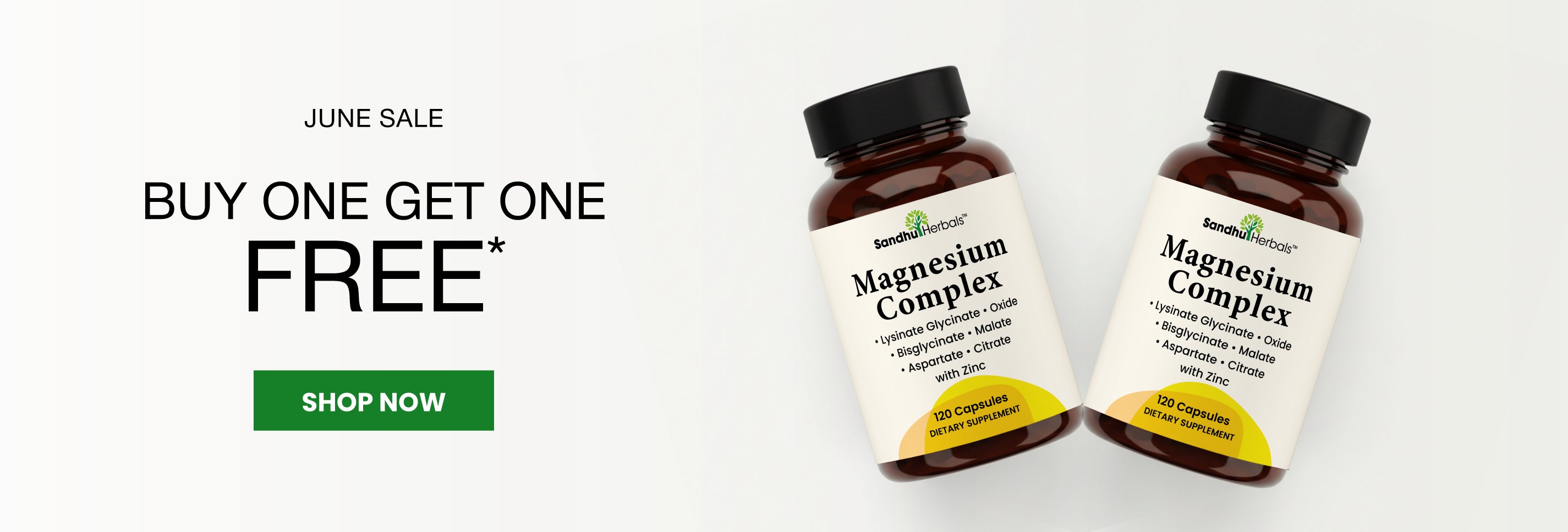 Two bottles of magnesium complex supplement with a February sale offer on a white background.