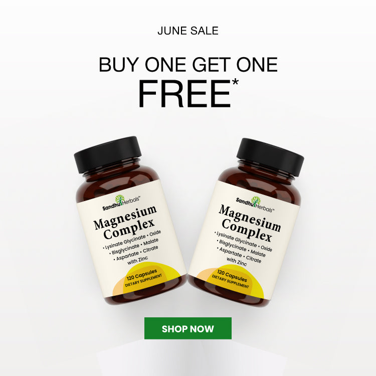Two bottles of Sandhu Herbs Magnesium Complex with a 'Buy One Get One Free' offer on a white background.