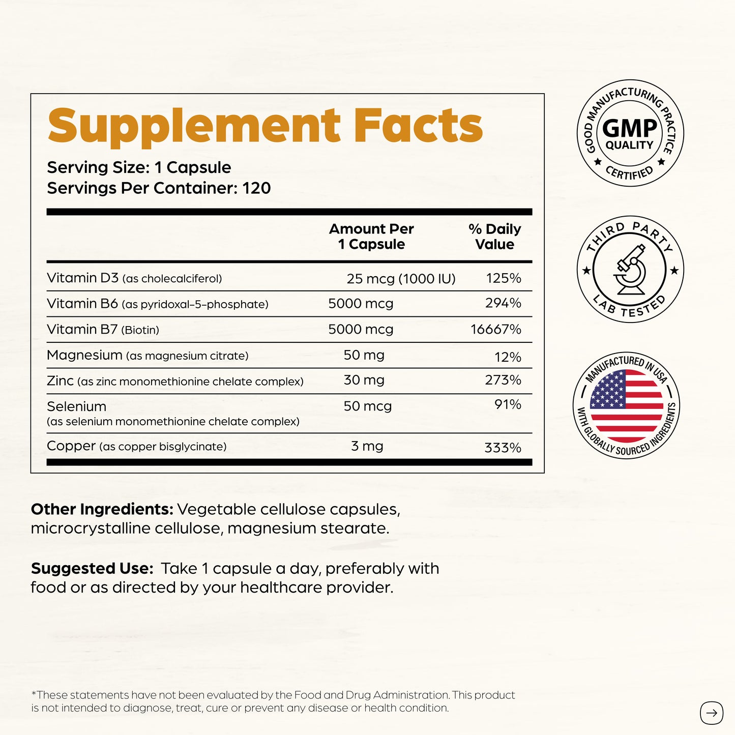 Zinc with Magnesium, Vitamin D3, Selenium & Biotin - 30 mg of Zinc - Capsules 120Ct