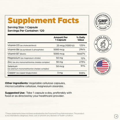 Zinc with Magnesium, Vitamin D3, Selenium & Biotin - 30 mg of Zinc - Capsules 120Ct