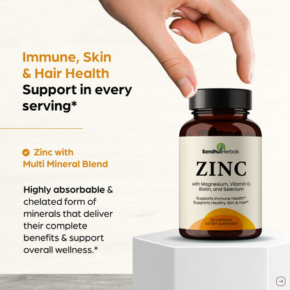 Zinc with Magnesium, Vitamin D3, Selenium & Biotin - 30 mg of Zinc - Capsules 120Ct
