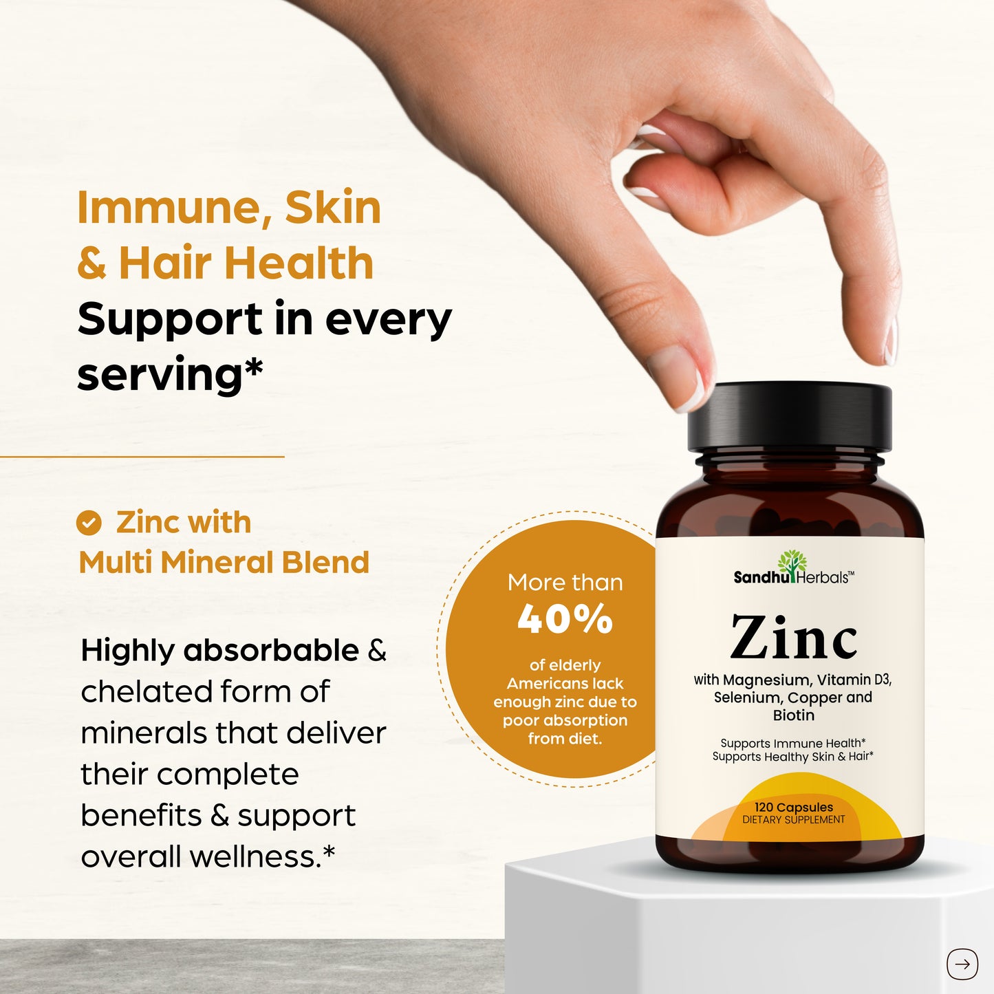 Zinc with Magnesium, Vitamin D3, Selenium & Biotin - 30 mg of Zinc - Capsules 120Ct