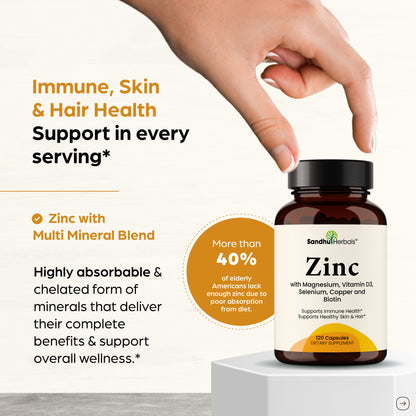 Zinc with Magnesium, Vitamin D3, Selenium & Biotin - 30 mg of Zinc - Capsules 120Ct