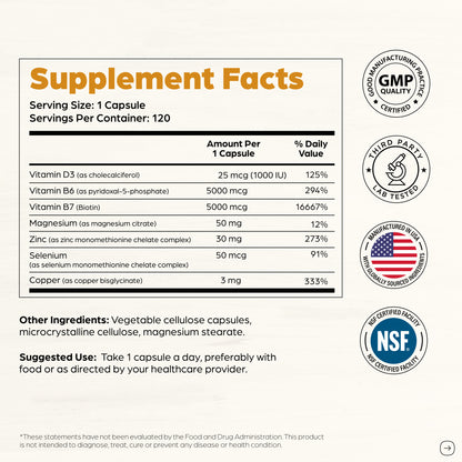 Zinc with Magnesium, Vitamin D3, Selenium & Biotin - 30 mg of Zinc - Capsules 120Ct