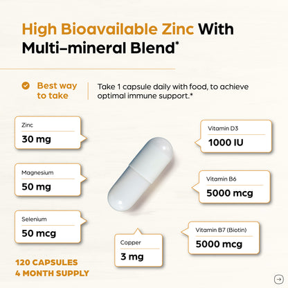 Zinc with Magnesium, Vitamin D3, Selenium & Biotin - 30 mg of Zinc - Capsules 120Ct